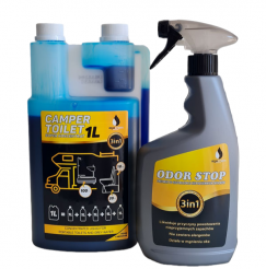 ZESTAW PŁYN CAMPER TOILET 1L DO TOALET CHEMICZNYCH + ODŚWIEŻACZ ODORSTOP